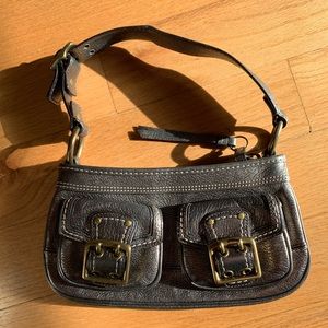 Metallic bronze Coach mini shoulder bag w buckles